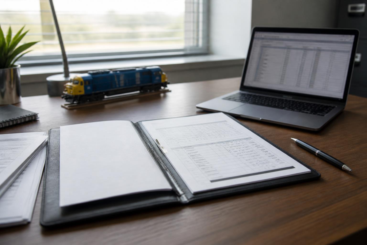 Schreibtisch mit Unterlagenmappe, Formularen und Laptop, im Hintergrund eine Modell-Lokomotive – KI-generiertes Symbolbild