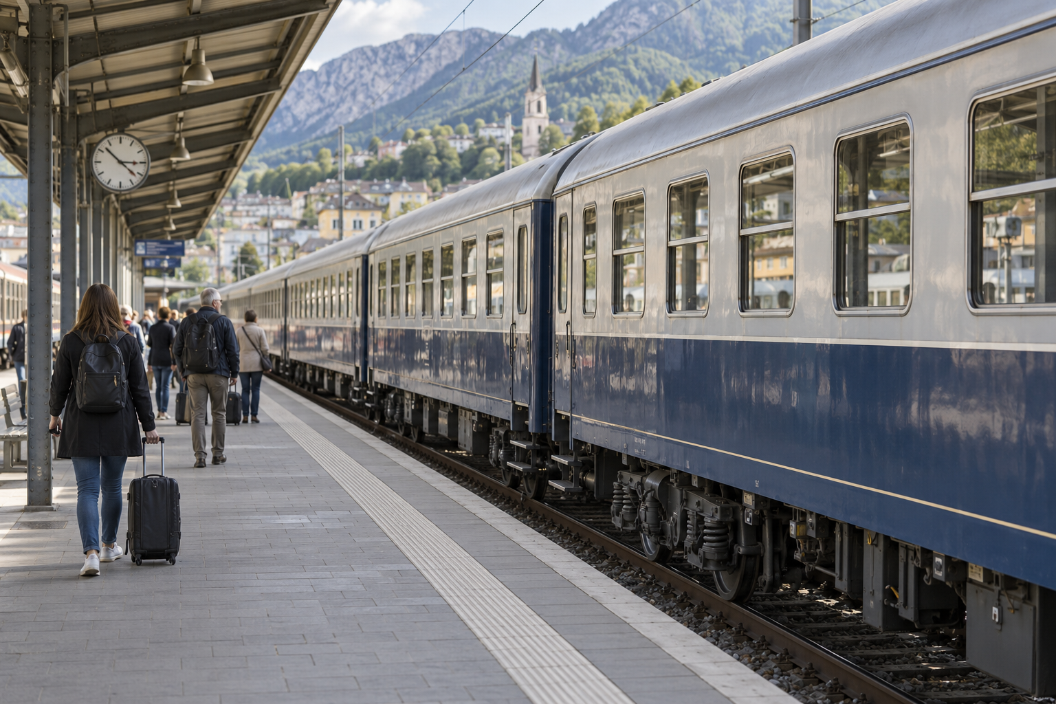 Reisezugwagen an einem Bahnsteig – KI-generiertes Symbolbild