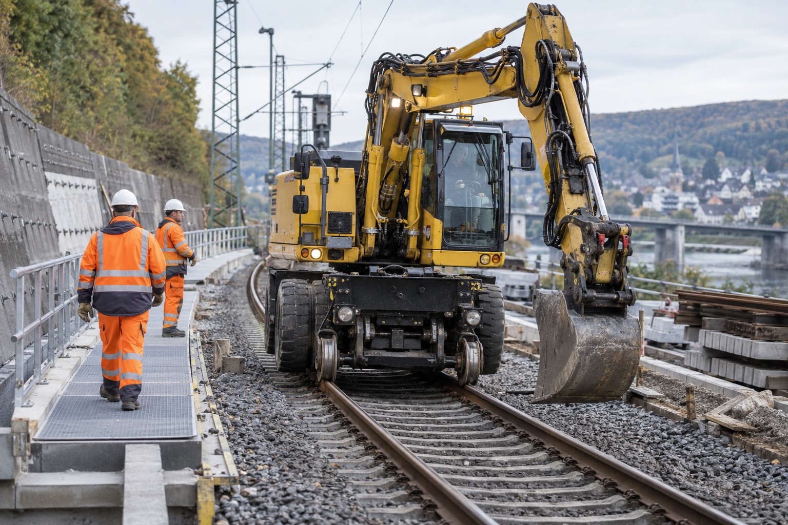 rodatz-construction-ki Zweiwege-Bagger auf einer Gleisbaustelle – KI-generiertes Symbolbild