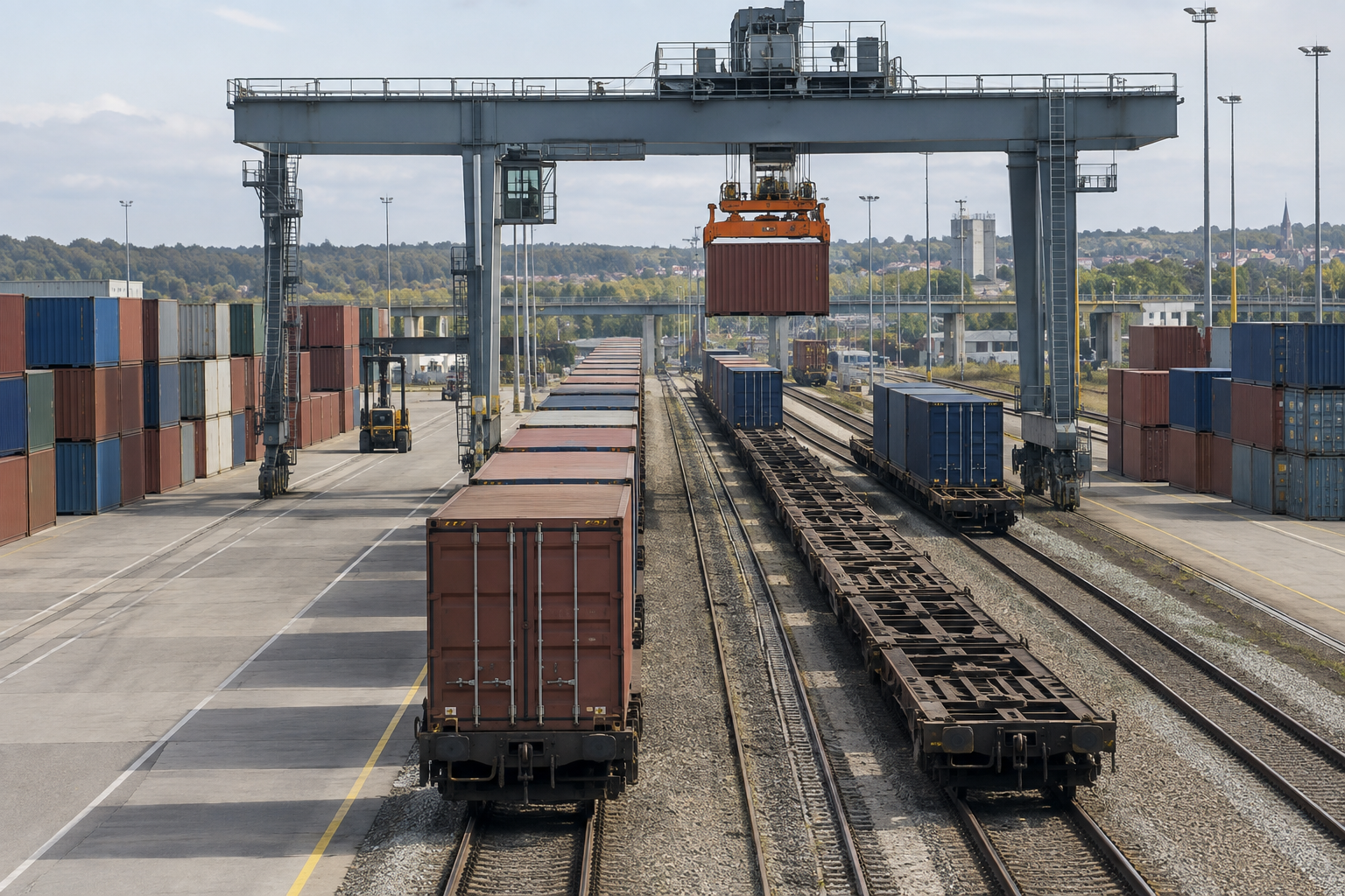 Containerzüge und Portalkran im Bahnlogistik-Terminal – KI-generiertes Symbolbild