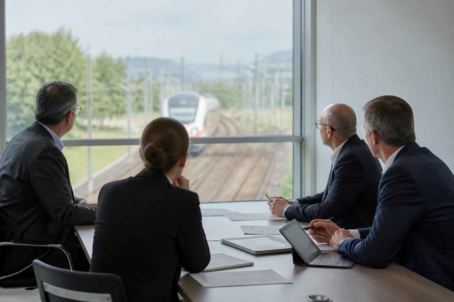rodatz-do-vorstand-ki Vorstandsrunde im Besprechungsraum mit Blick auf Bahngleise – KI-generiertes Symbolbild
