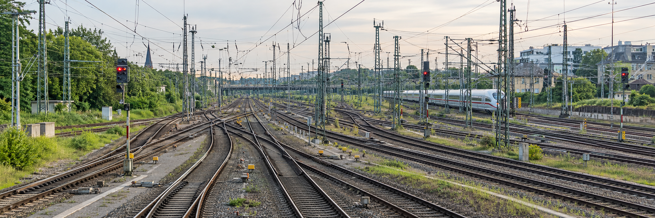 rodatz-eiu-gleisanlagen-ki Gleisanlagen mit Weichen, Oberleitungen und Signalen – KI-generiertes Symbolbild – KI-generiertes Symbolbild