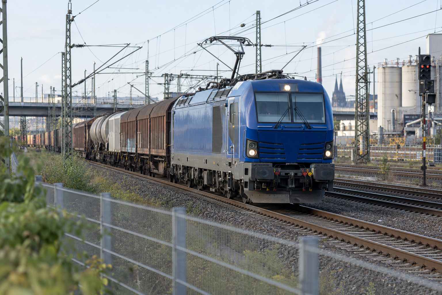 Elektrolokomotive mit Güterwagen im Eisenbahnbetrieb – KI-generiertes Symbolbild