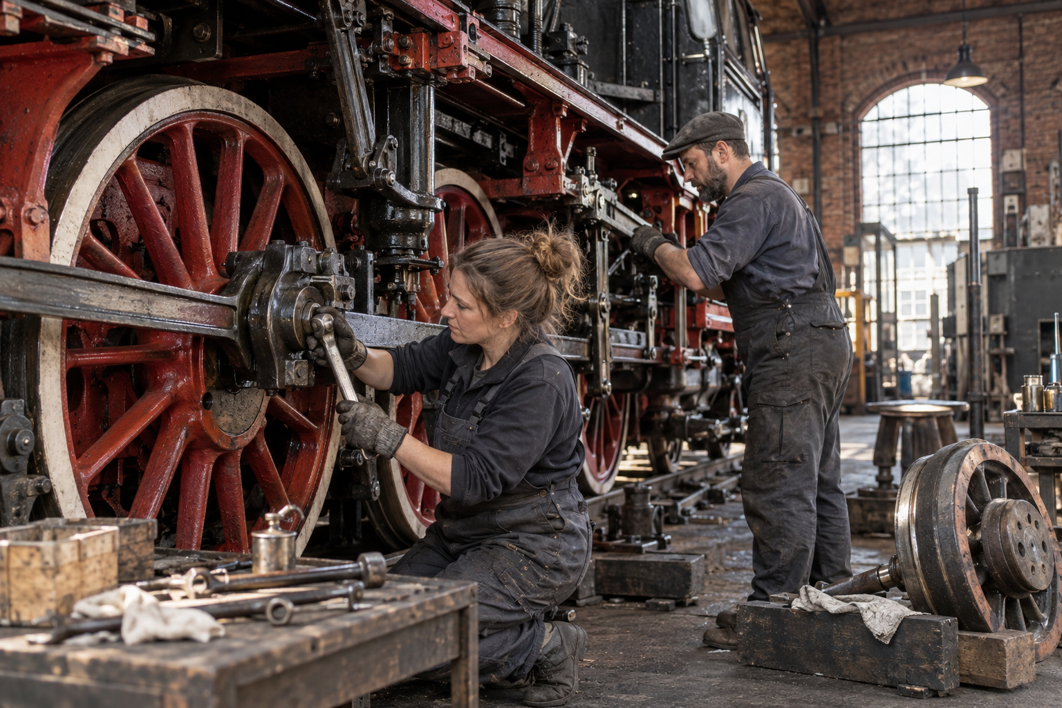 Ehrenamtliche arbeiten an einer historischen Dampflokomotive – KI-generiertes Symbolbild