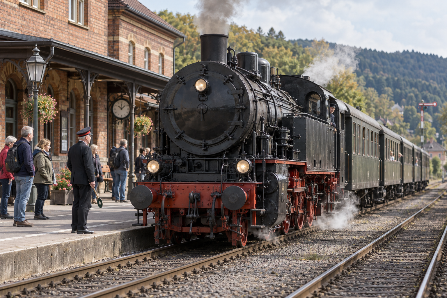 Historische Dampflokomotive mit Reisezugwagen und Besuchern am Bahnsteig – KI-generiertes Symbolbild