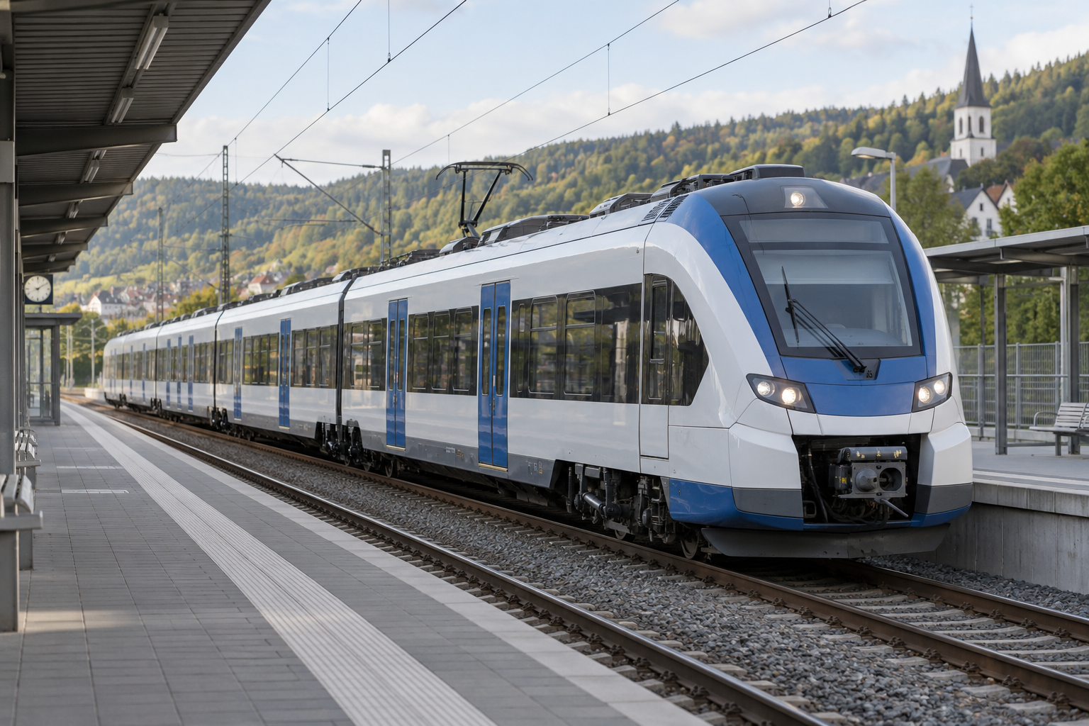 Moderner Triebzug am Bahnsteig – KI-generiertes Symbolbild