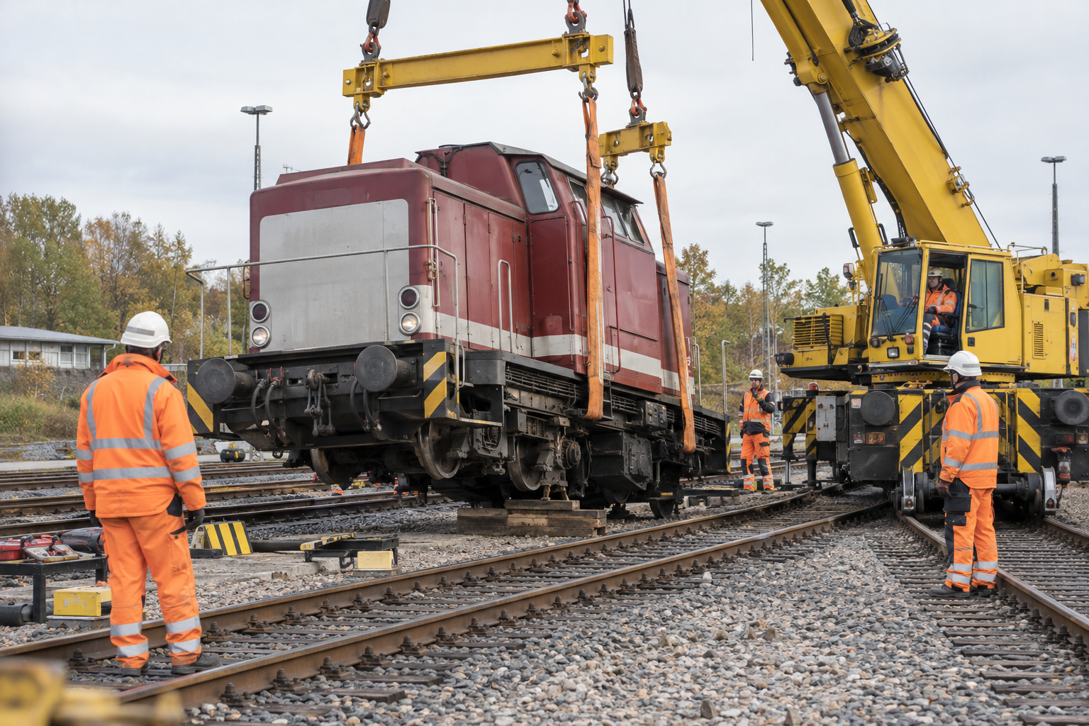 rodatz-recovery-ki Bergung einer Rangierlokomotive mit Kran und Spezialausrüstung – KI-generiertes Symbolbild