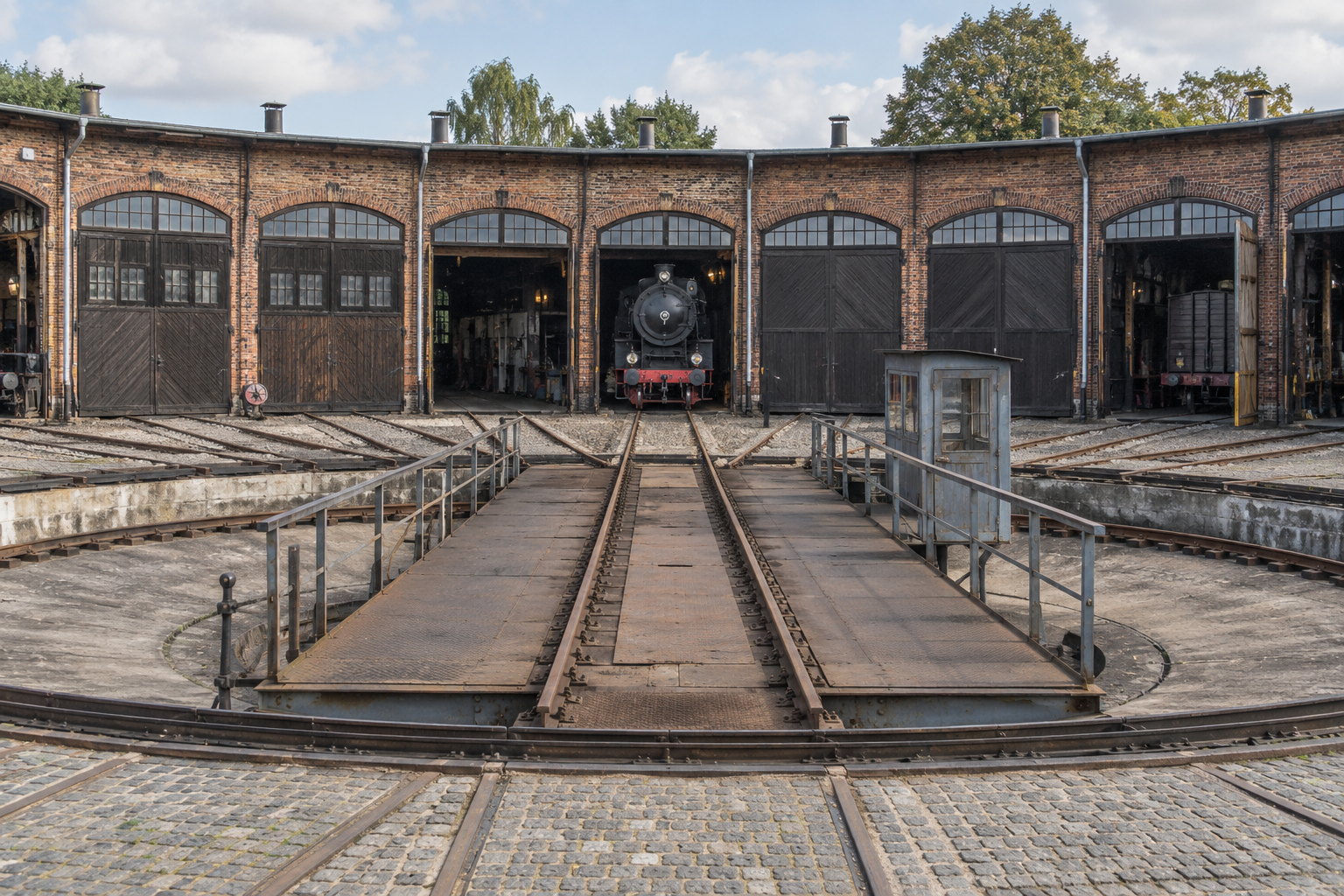 rodatz-roundhouse-ki Historischer Lokschuppen mit Drehscheibe – KI-generiertes Symbolbild