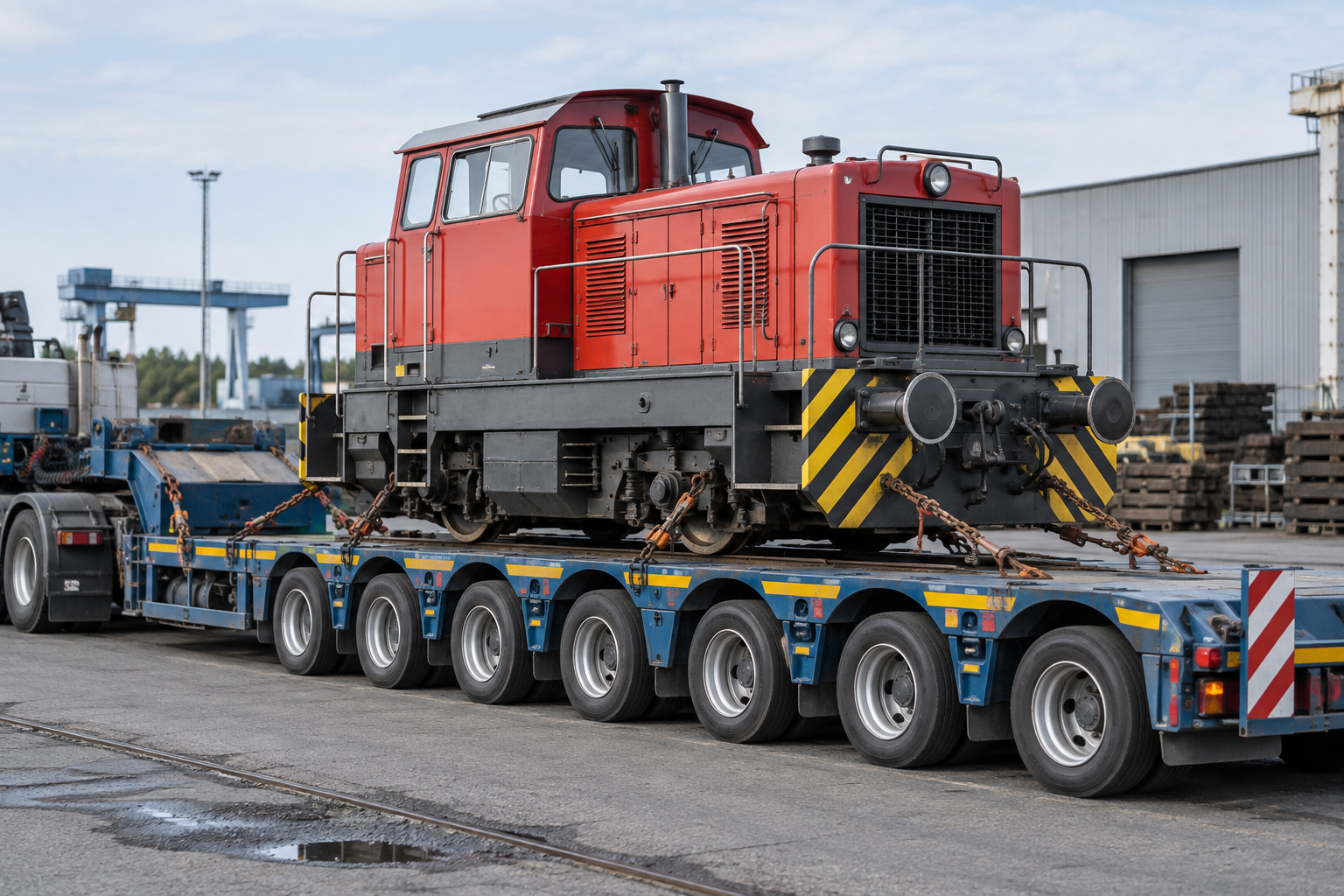 Kleine Rangierlokomotive auf einem gesicherten Straßentieflader – KI-generiertes Symbolbild