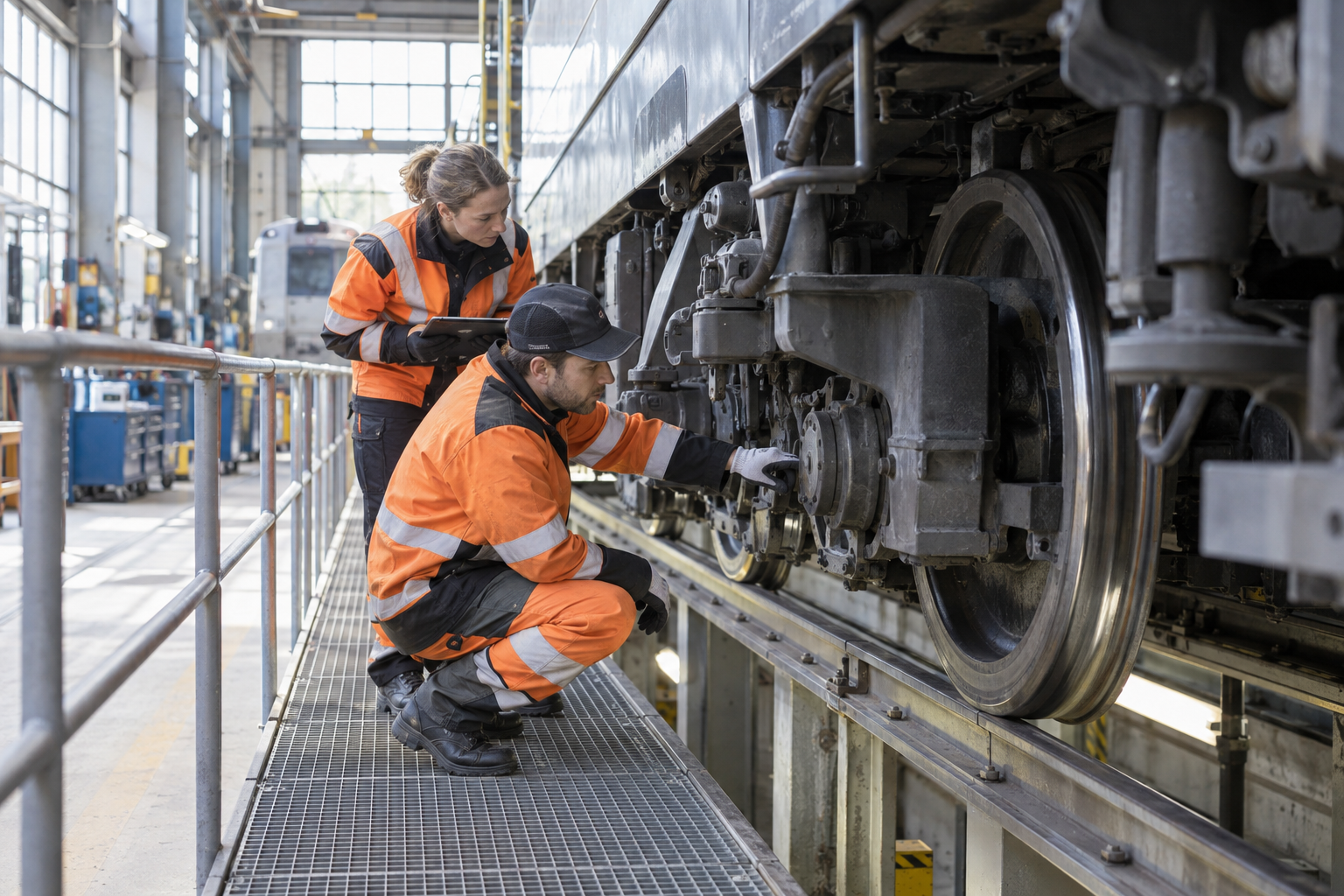 Techniker prüfen ein Schienenfahrzeug in der Werkstatt – KI-generiertes Symbolbild
